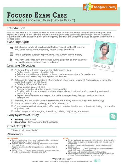Focused Exam: Abdominal Pain | Esther Park shadow health. assignment. Transcript. Student Name: Instructor Name: Date: 1 / 3. 5/28/2018 Focused Exam: Abdominal Pain ...